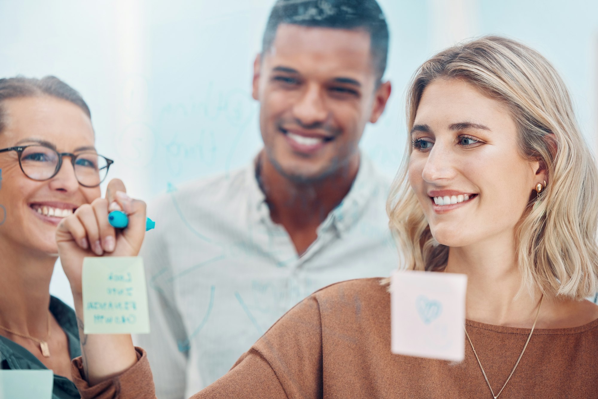 People meeting in office, sticky notes with business teamwork and creative company planning strateg